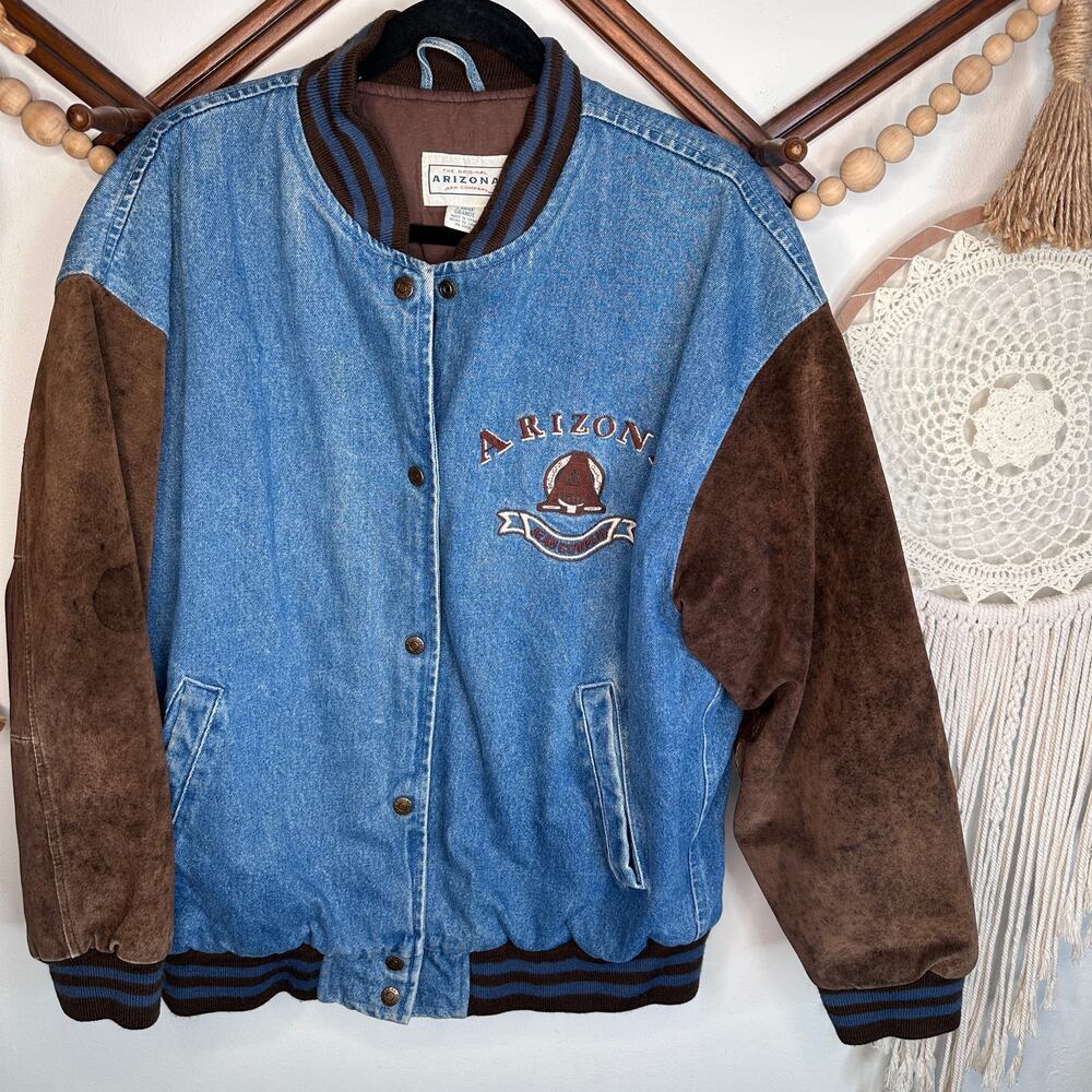 Vintage Arizona Jeans Company 90s Blue Denim Suede Sleeve Bomber Jacket